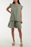 Jade Co-Ord Frill Sleeve Top & Shorts For Women ONE SIZE - Dropwear