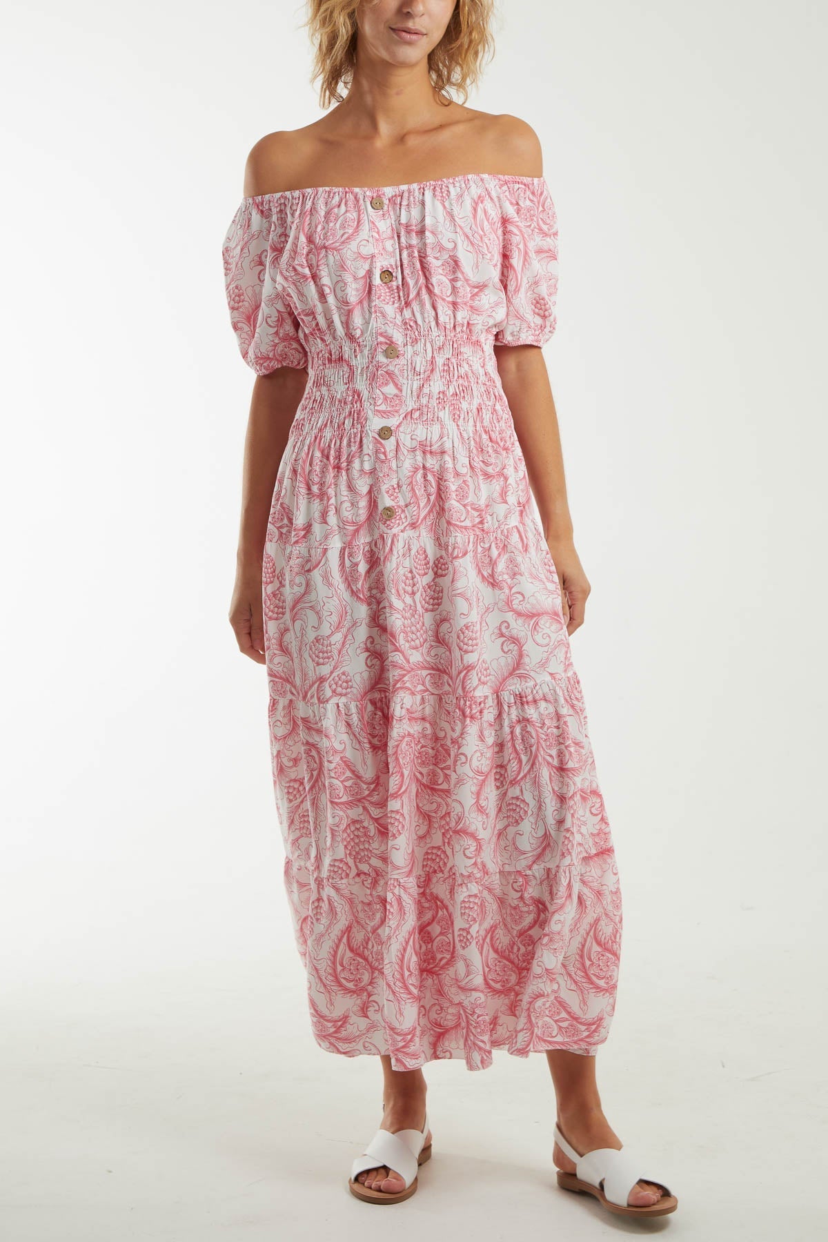 Paisley Bardot Shirred Bodice Midi Dress For Women  - Dropwear