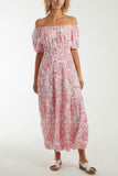 Paisley Bardot Shirred Bodice Midi Dress For Women  - Dropwear