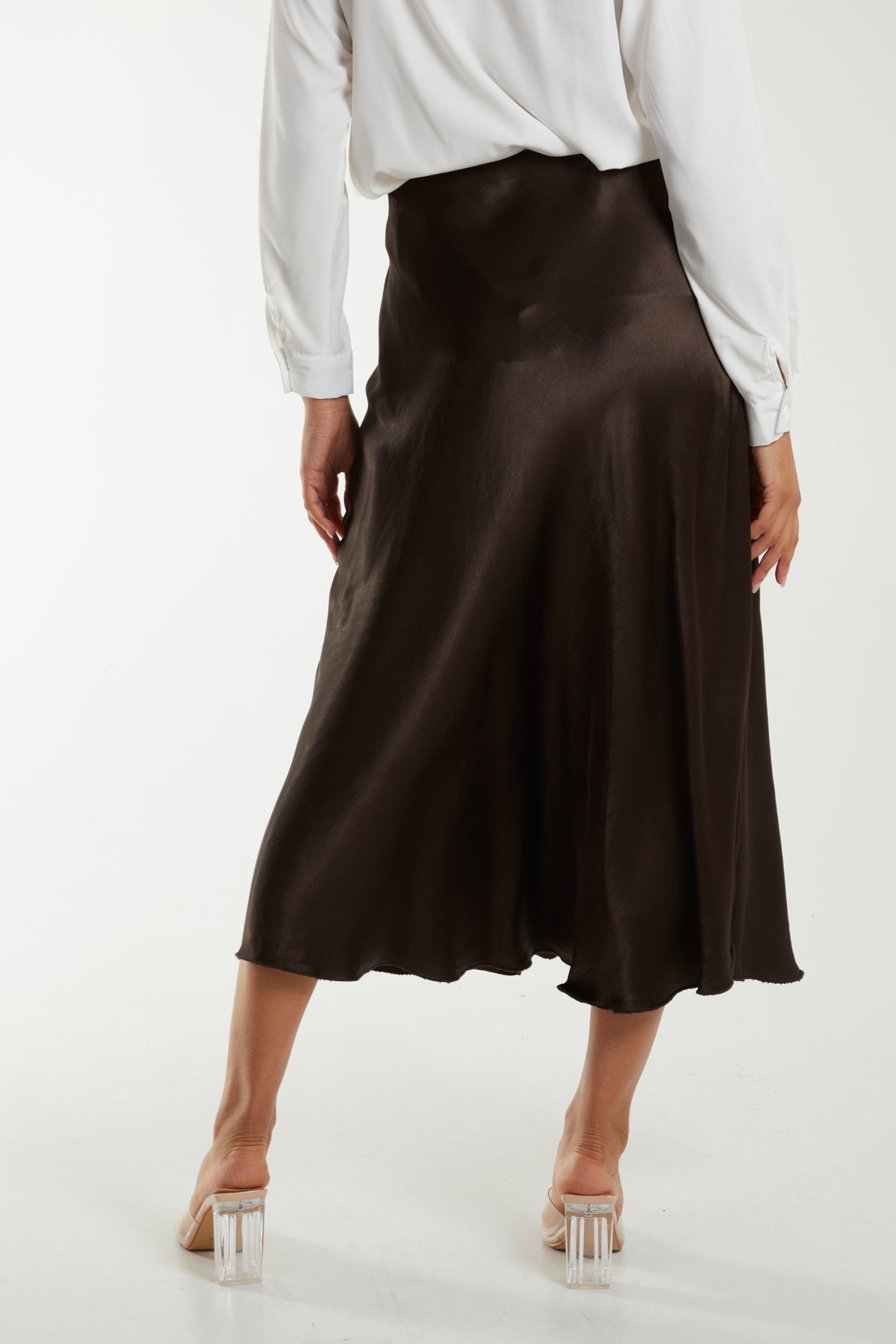 Khaki Waistband Satin Midi Skirt For Women ONE SIZE - Dropwear