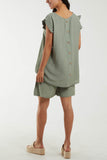 Denim Co-Ord Frill Sleeve Top & Shorts For Women ONE SIZE - Dropwear