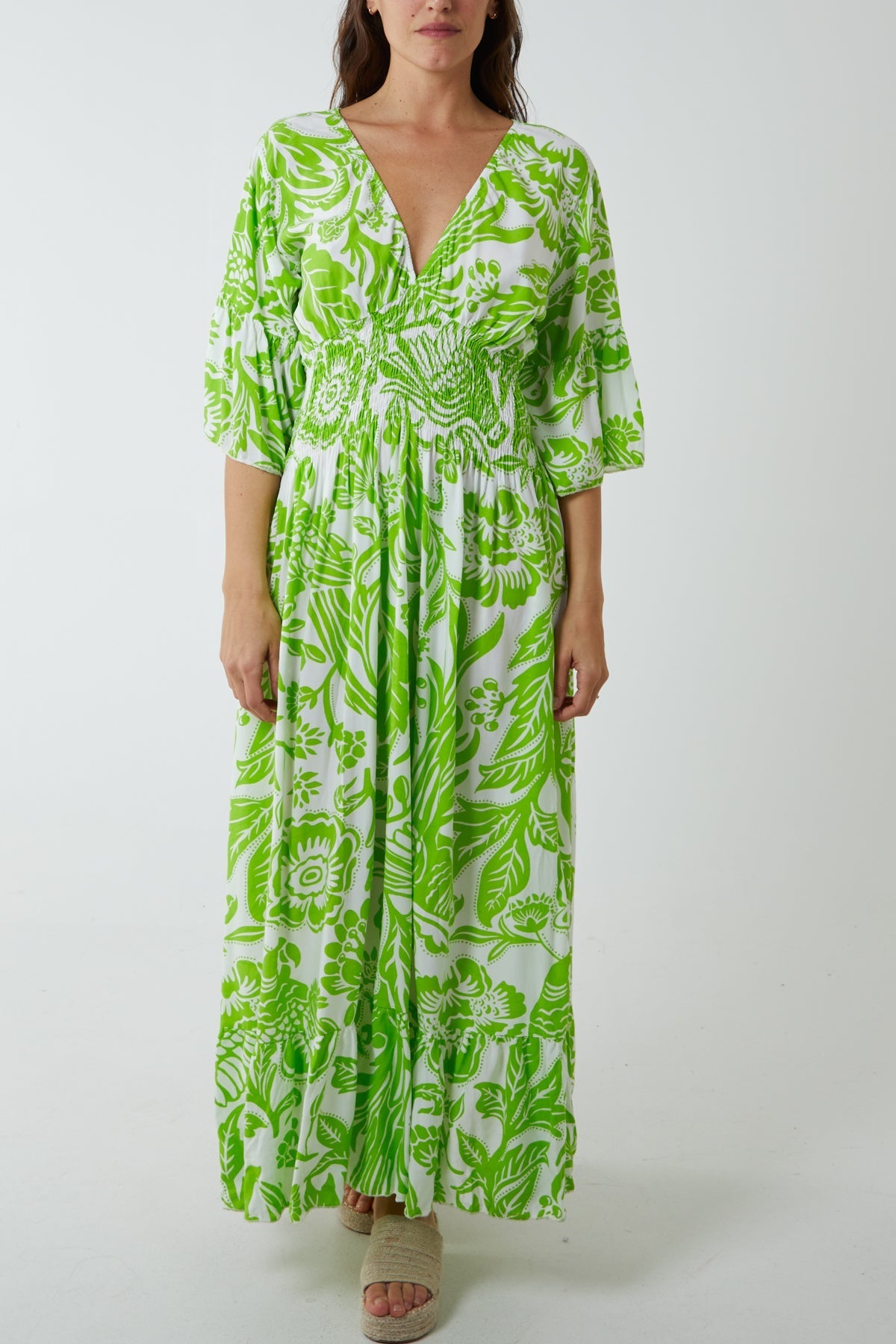 Orange Floral Shirred Waist Maxi Dress For Women ONE SIZE - Dropwear