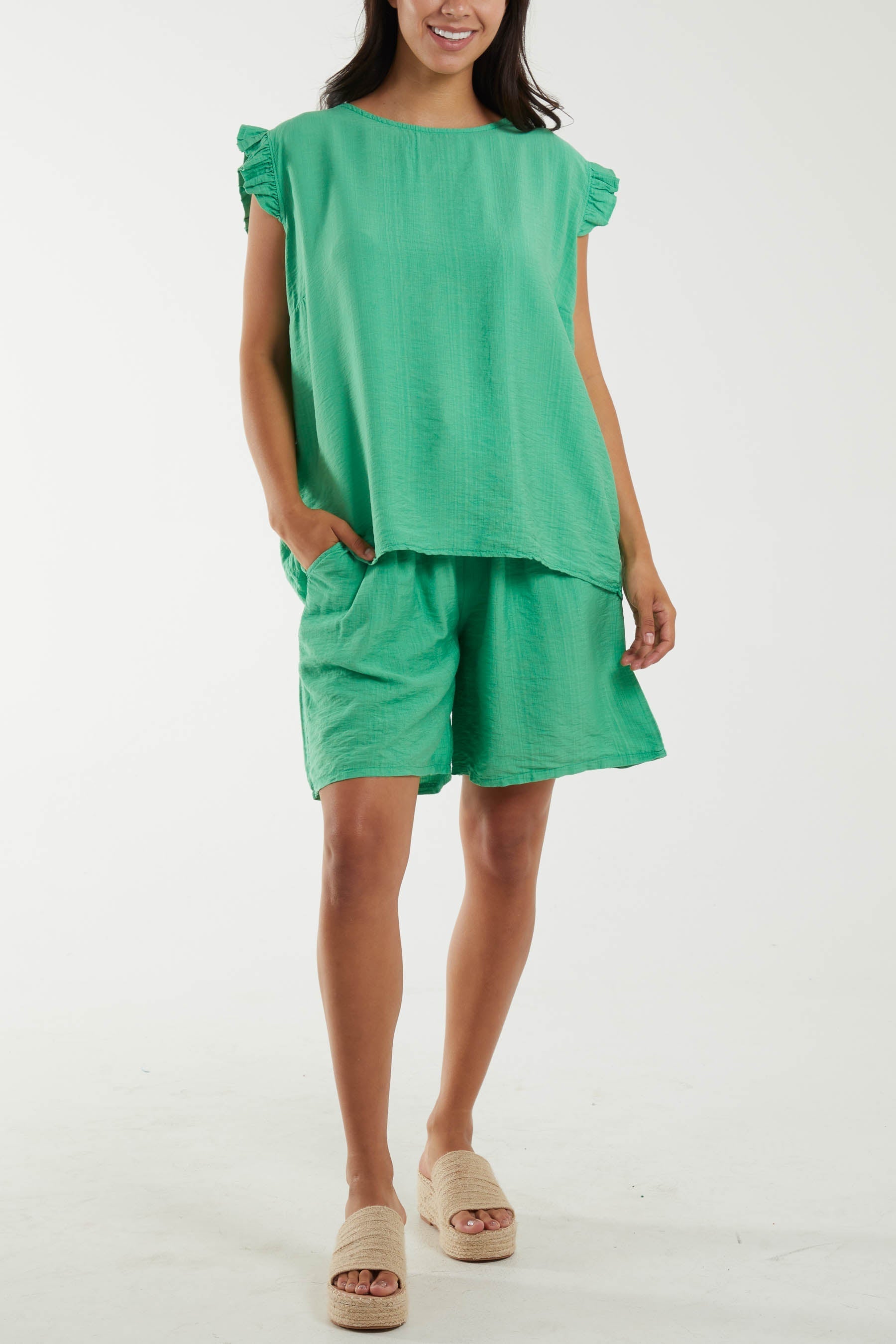 Co-Ord Frill Sleeve Top & Shorts For Women  - Dropwear