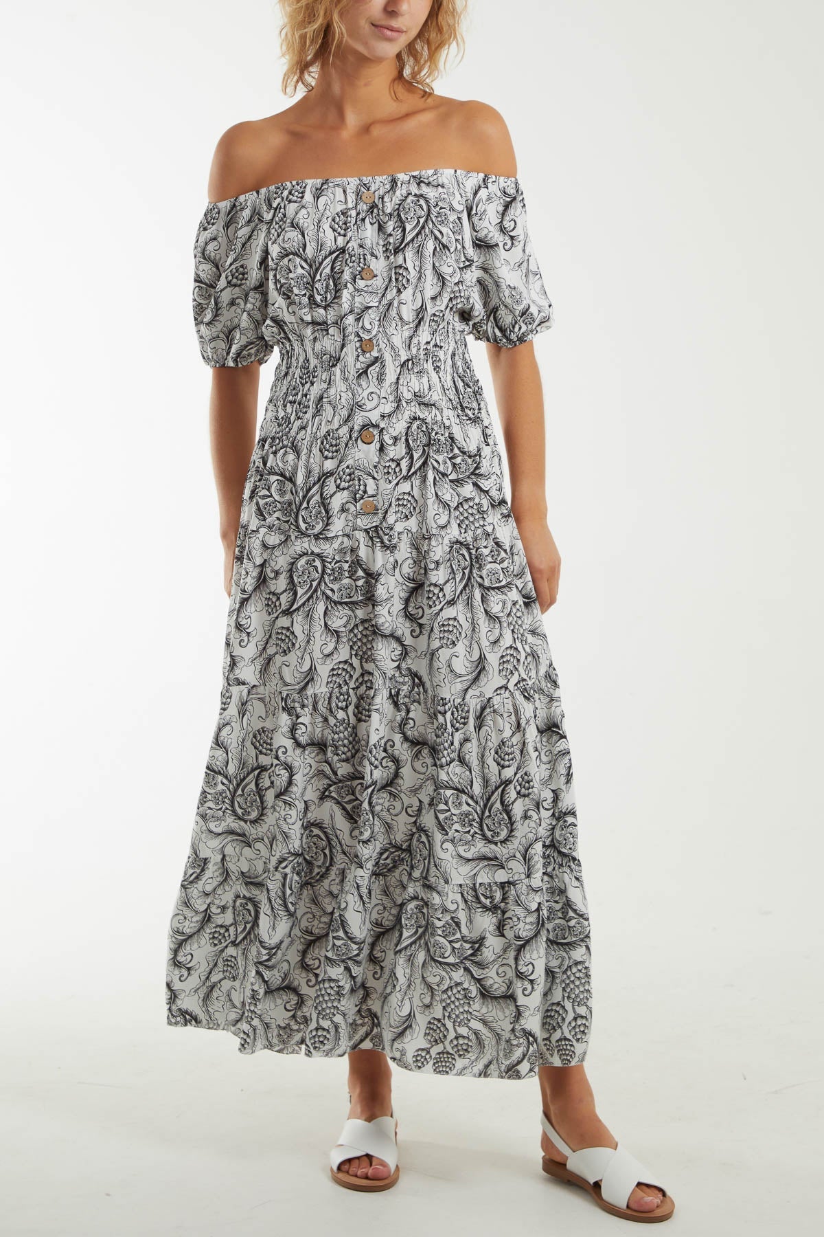 Paisley Bardot Shirred Bodice Midi Dress For Women  - Dropwear