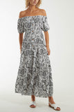 Paisley Bardot Shirred Bodice Midi Dress For Women  - Dropwear