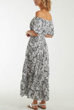 Paisley Bardot Shirred Bodice Midi Dress For Women  - Dropwear