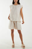 Khaki Co-Ord Frill Sleeve Top & Shorts For Women ONE SIZE - Dropwear
