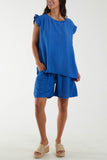 Hot Pink Co-Ord Frill Sleeve Top & Shorts For Women ONE SIZE - Dropwear