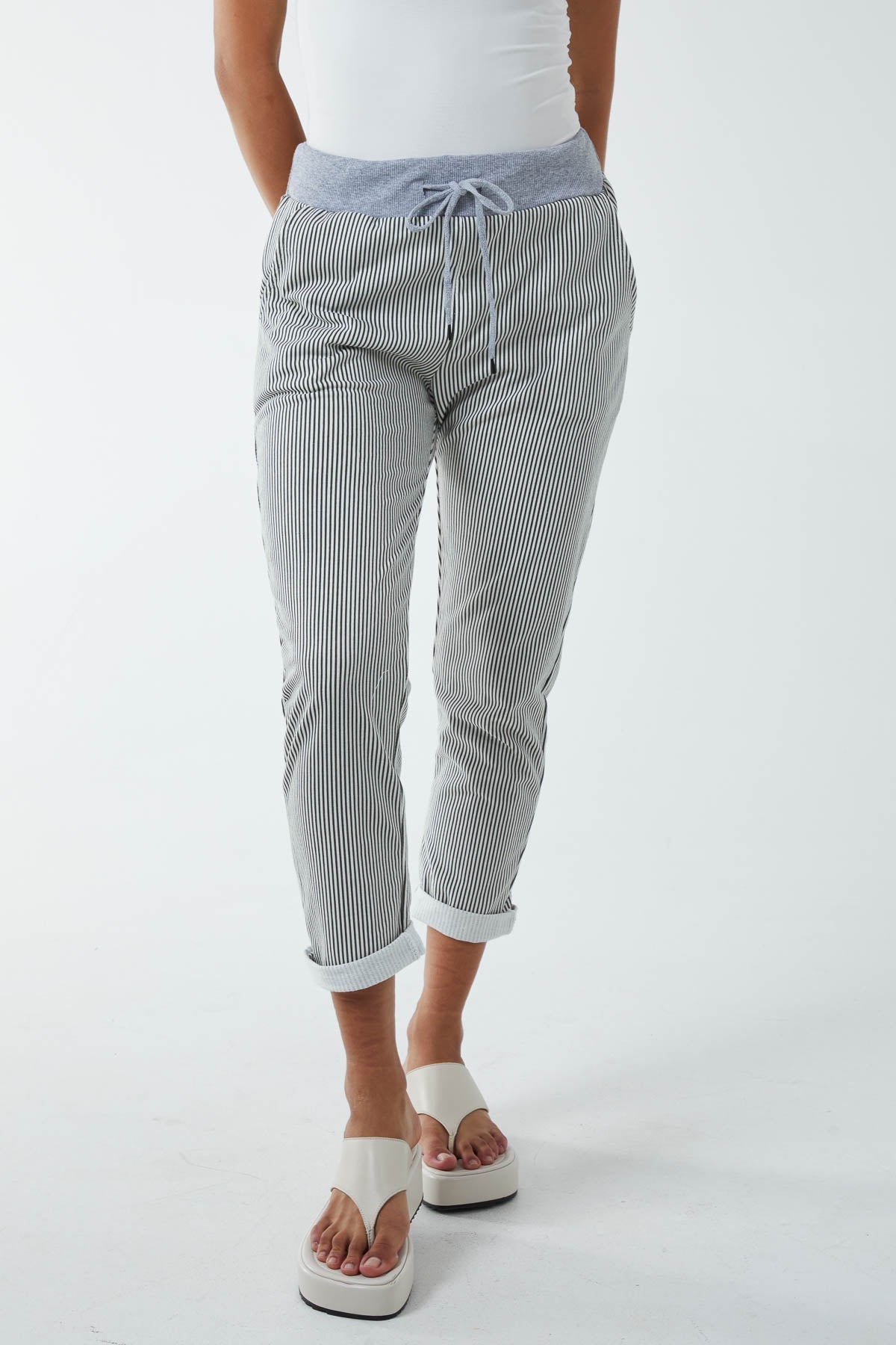 Pinstripe Contrast Waist Trousers For Women  - Dropwear