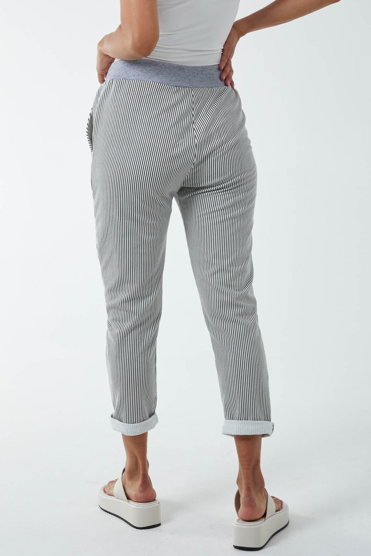 Pinstripe Contrast Waist Trousers For Women  - Dropwear