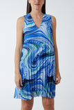 Royal Blue Abstract Swirl Sleeveless Pleated Dress For Women ONE SIZE - Dropwear