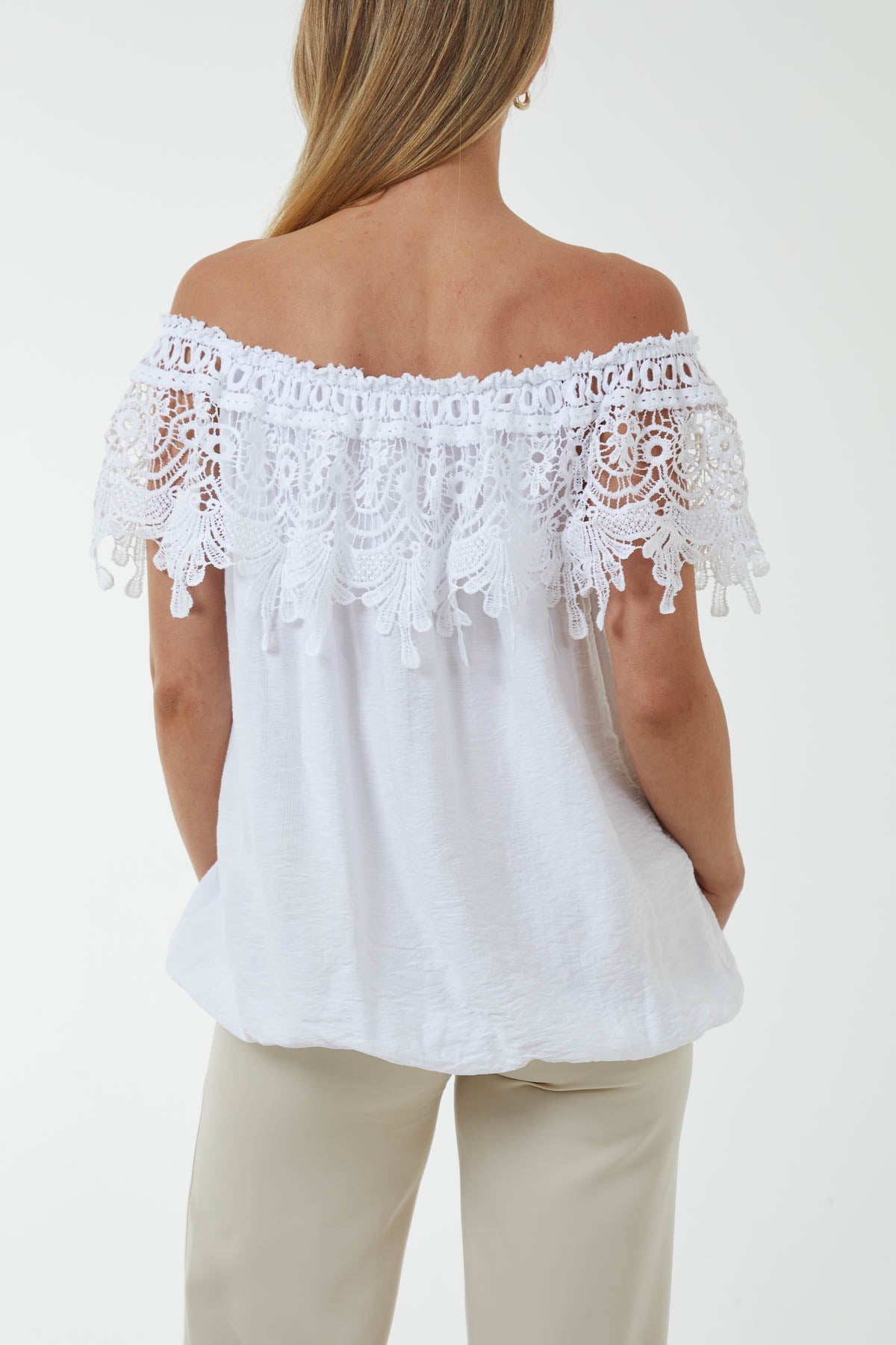 Laced Flounce Bubble Hem Bardot Top For Women  - Dropwear