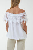 Laced Flounce Bubble Hem Bardot Top For Women  - Dropwear