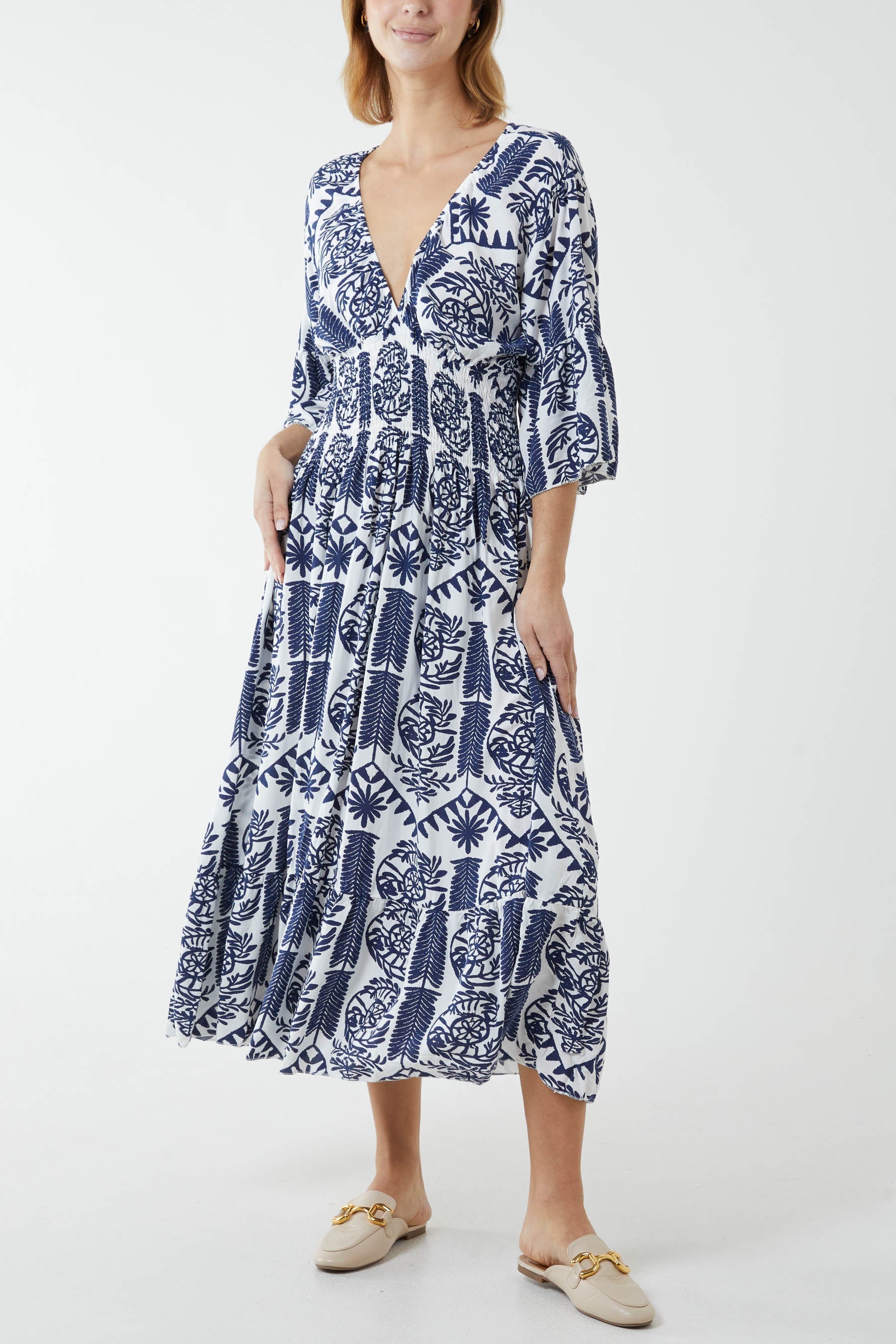 Baroque Floral Shirred Midi Dress For Women  - Dropwear
