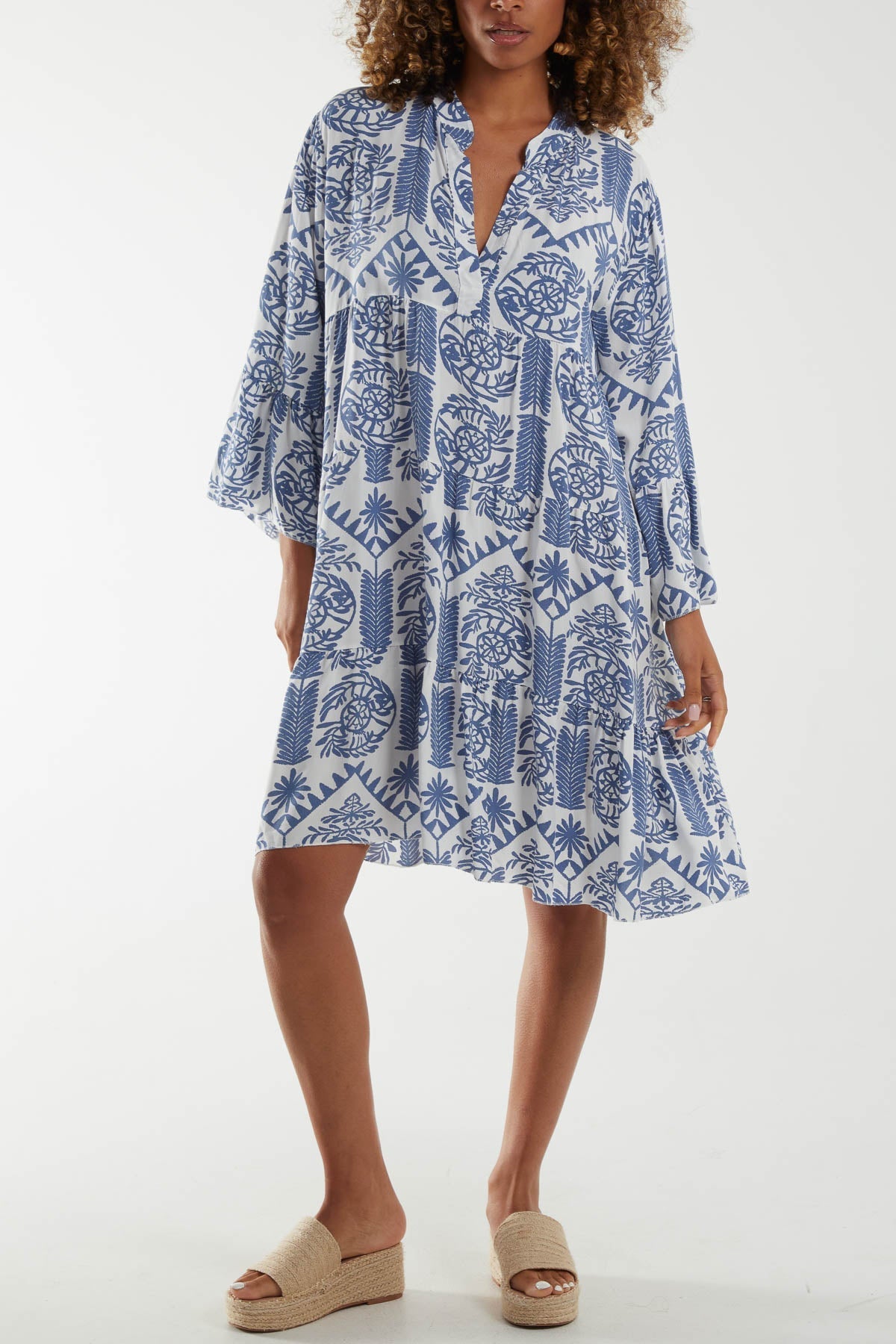 Pink Tiered Baroque Floral Smock Print Dress For Women ONE SIZE - Dropwear
