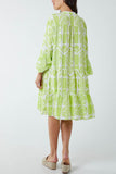 Lime Tiered Baroque Floral Smock Print Dress For Women ONE SIZE - Dropwear