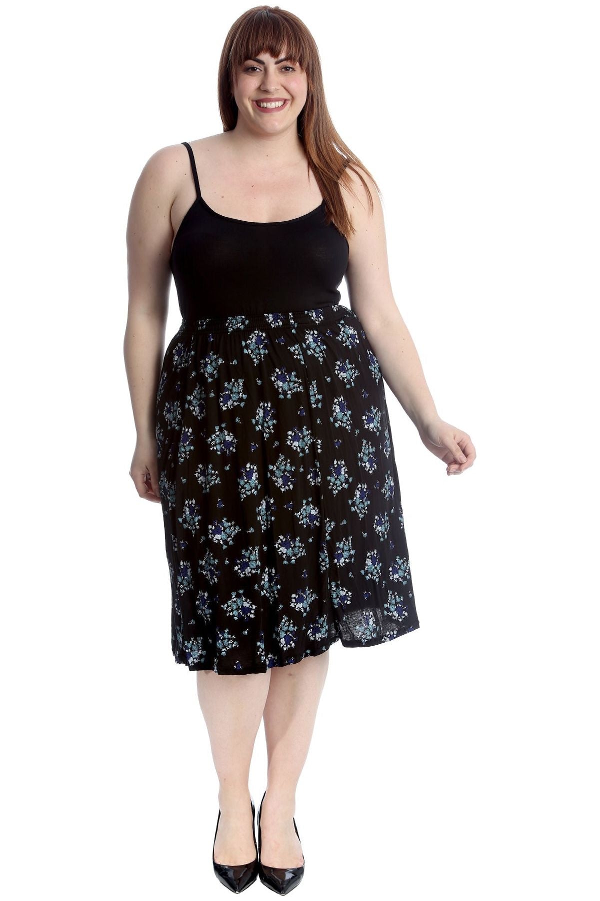 Teal Floral Plus Size Teal Floral Midi Skirt For Women 28-30 - Dropwear