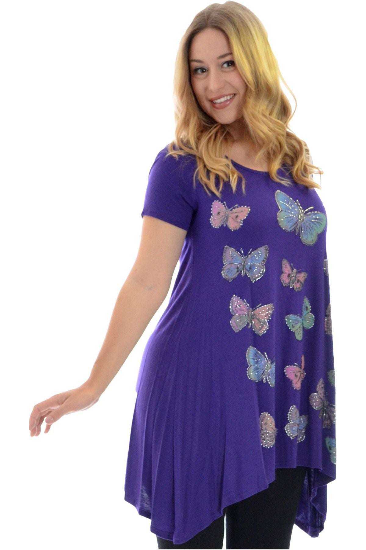 Purple Butterfly Hanky Hem Short Sleeve Top For Women 20 - Dropwear