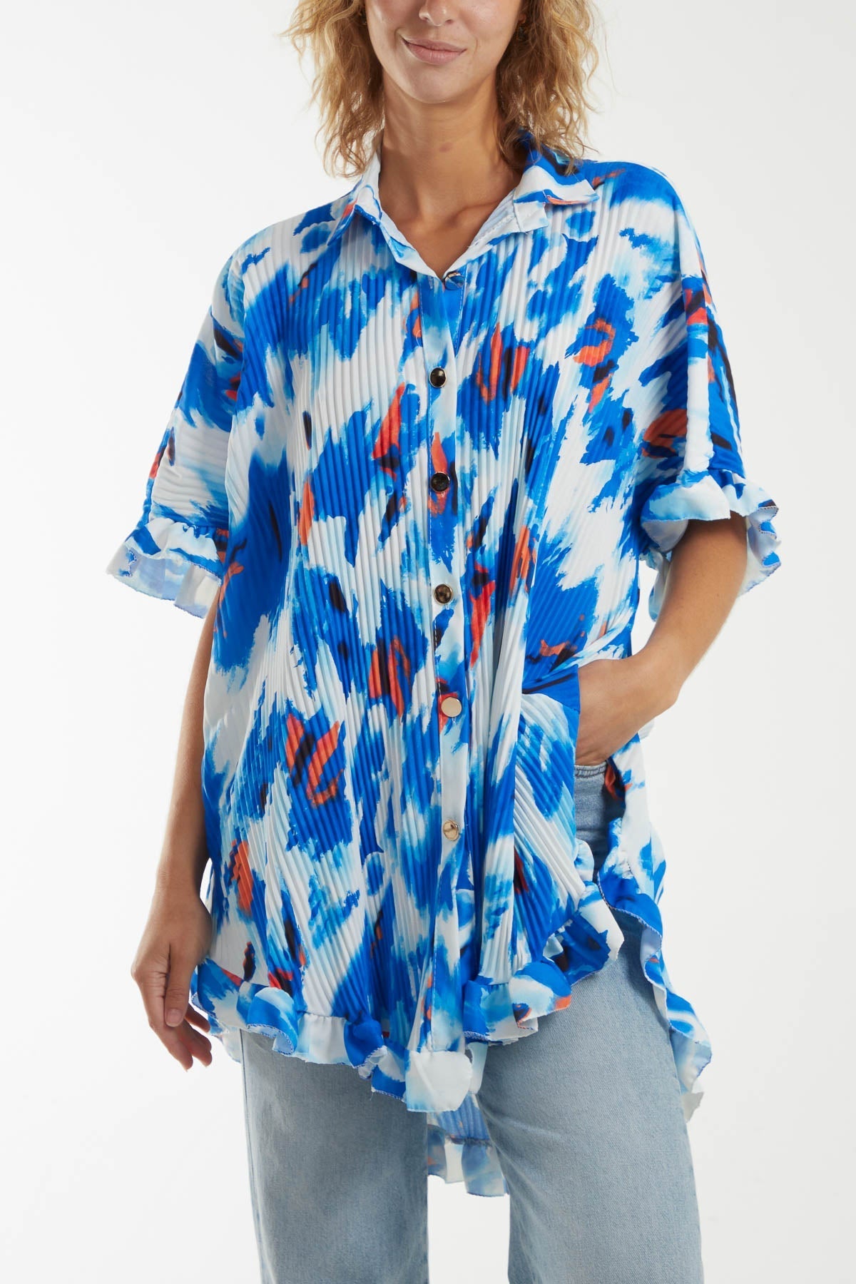 Beige Abstract Tie Dye Frill Hem Plisse Shirt For Women ONE SIZE - Dropwear
