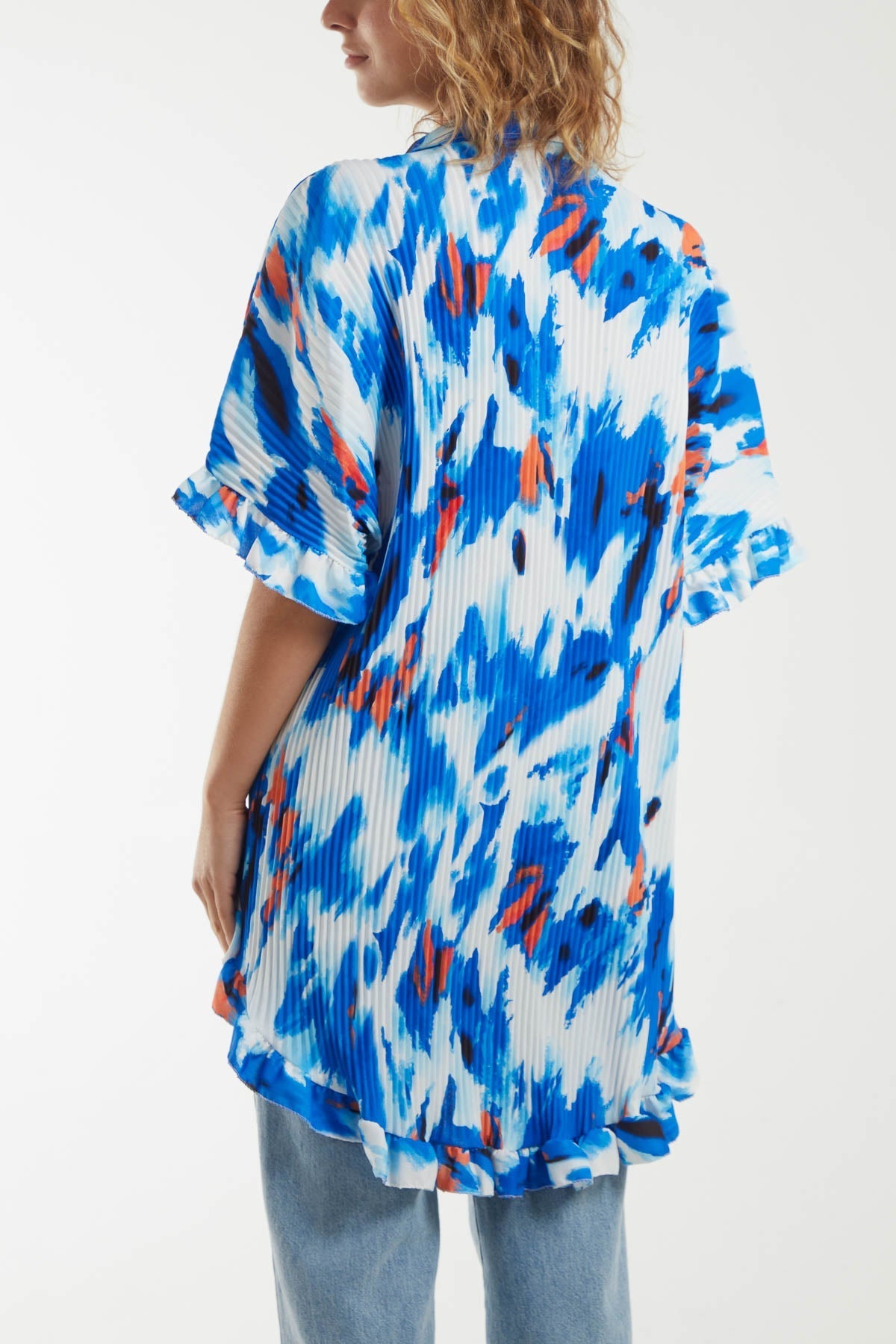 Royal Blue Abstract Tie Dye Frill Hem Plisse Shirt For Women ONE SIZE - Dropwear