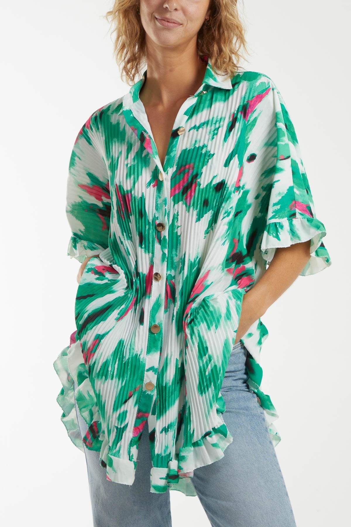 Jade Abstract Tie Dye Frill Hem Plisse Shirt For Women ONE SIZE - Dropwear