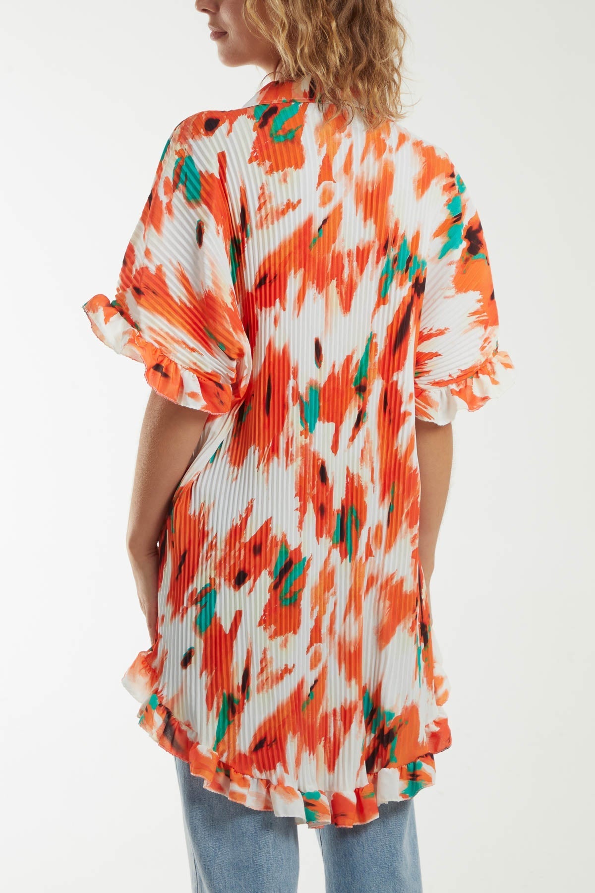 Abstract Tie Dye Frill Hem Plisse Shirt For Women  - Dropwear