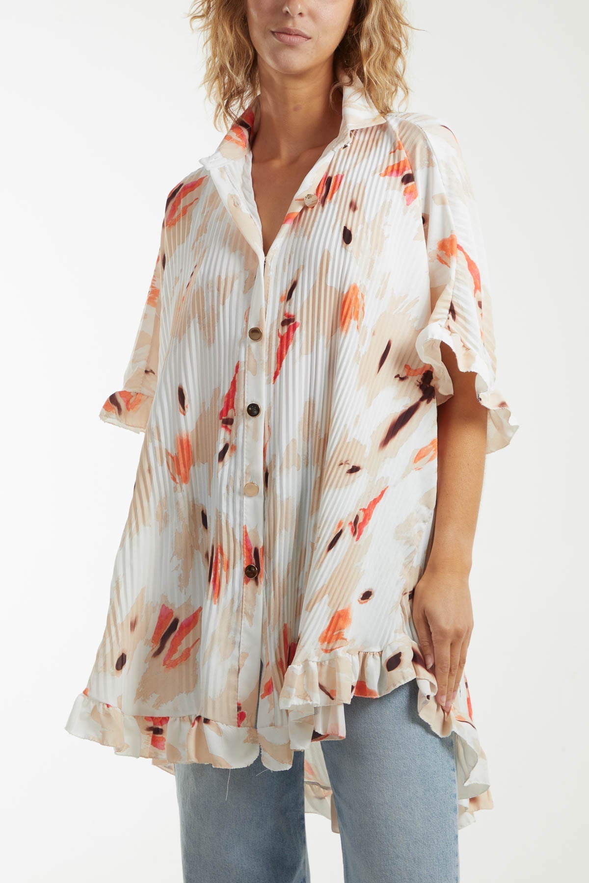 Abstract Tie Dye Frill Hem Plisse Shirt For Women  - Dropwear