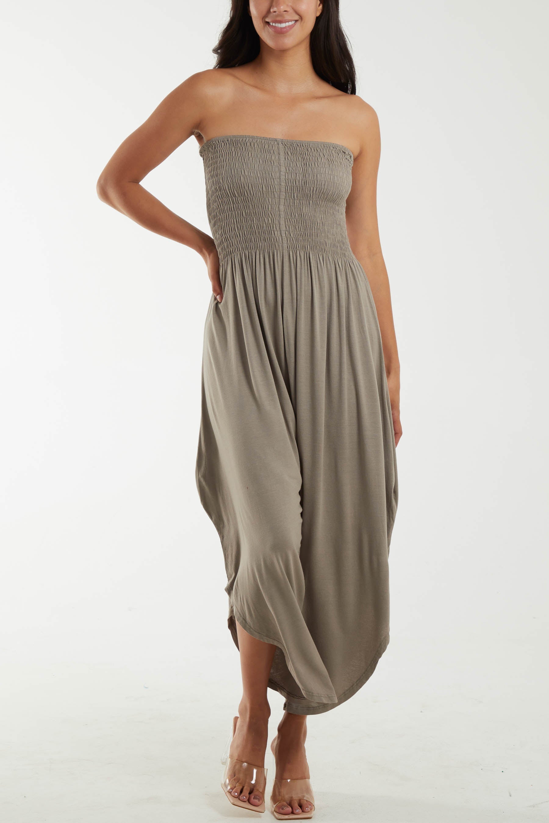 Shirred Top Asymmetric Hem Strapless Jumpsuit For Women  - Dropwear