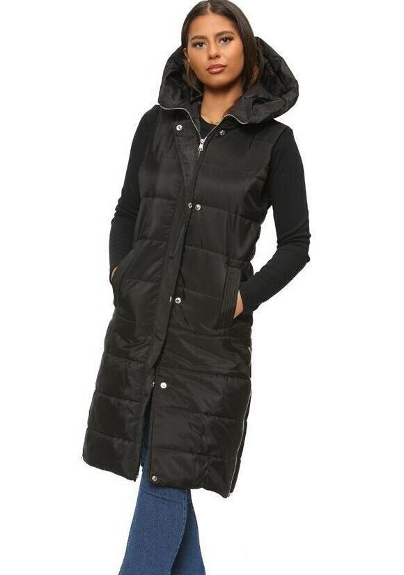 Black Long Line Hooded Puffer Gilet Jacket Zip Up For Women S - Dropwear