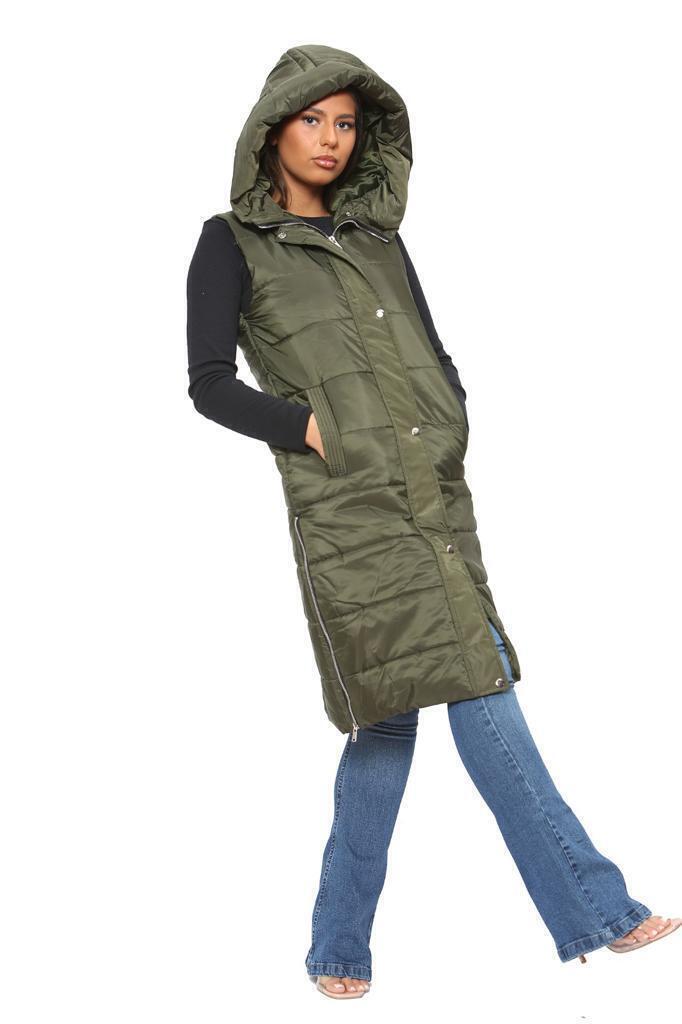 Black Long Line Hooded Puffer Gilet Jacket Zip Up For Women XL - Dropwear