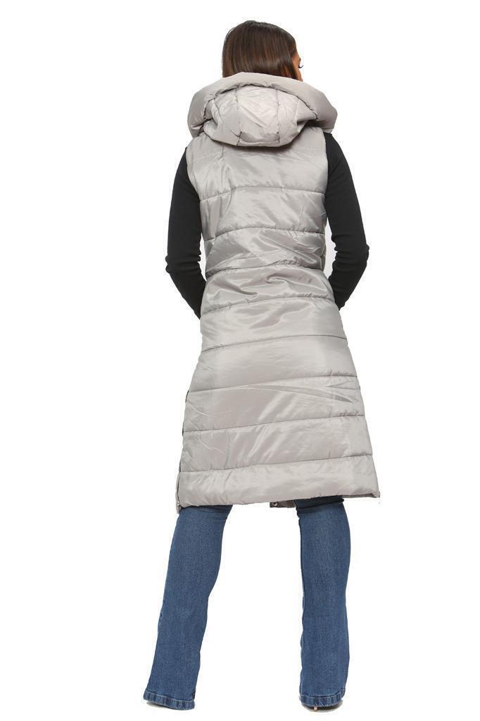 Beige Long Line Hooded Puffer Gilet Jacket Zip Up For Women S - Dropwear