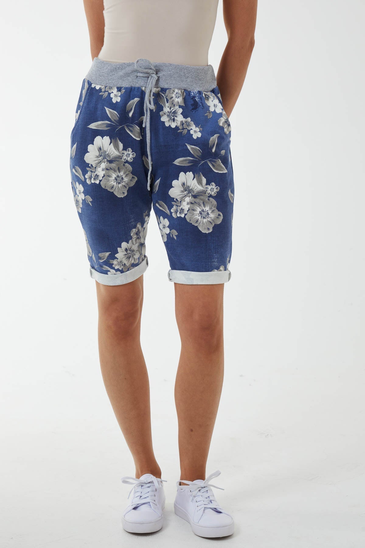 Orchid Floral Contrasted Waist Shorts For Women  - Dropwear