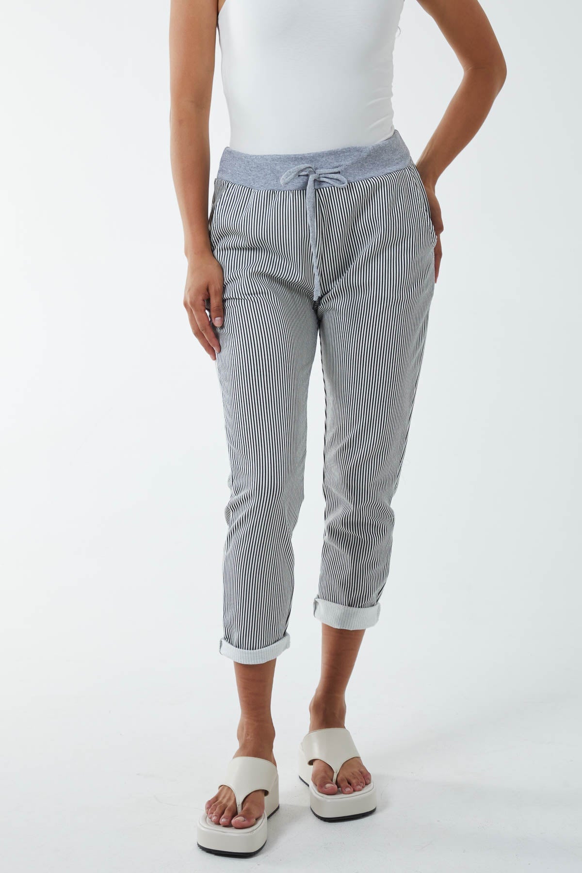 Hot Pink Pinstripe Contrast Waist Trousers For Women ONE SIZE - Dropwear
