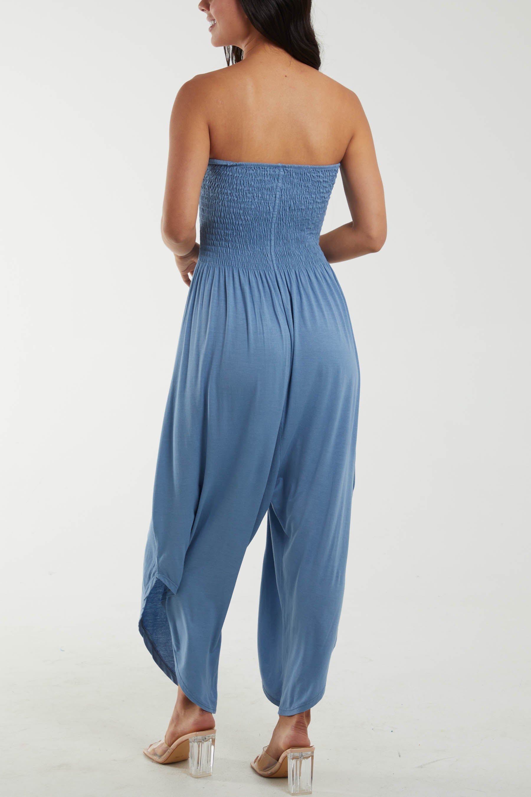 Mocha Shirred Top Asymmetric Hem Strapless Jumpsuit For Women ONE SIZE - Dropwear