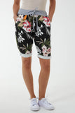 Black Tropical Flower Contrasted Waist Shorts For Women 8 - Dropwear