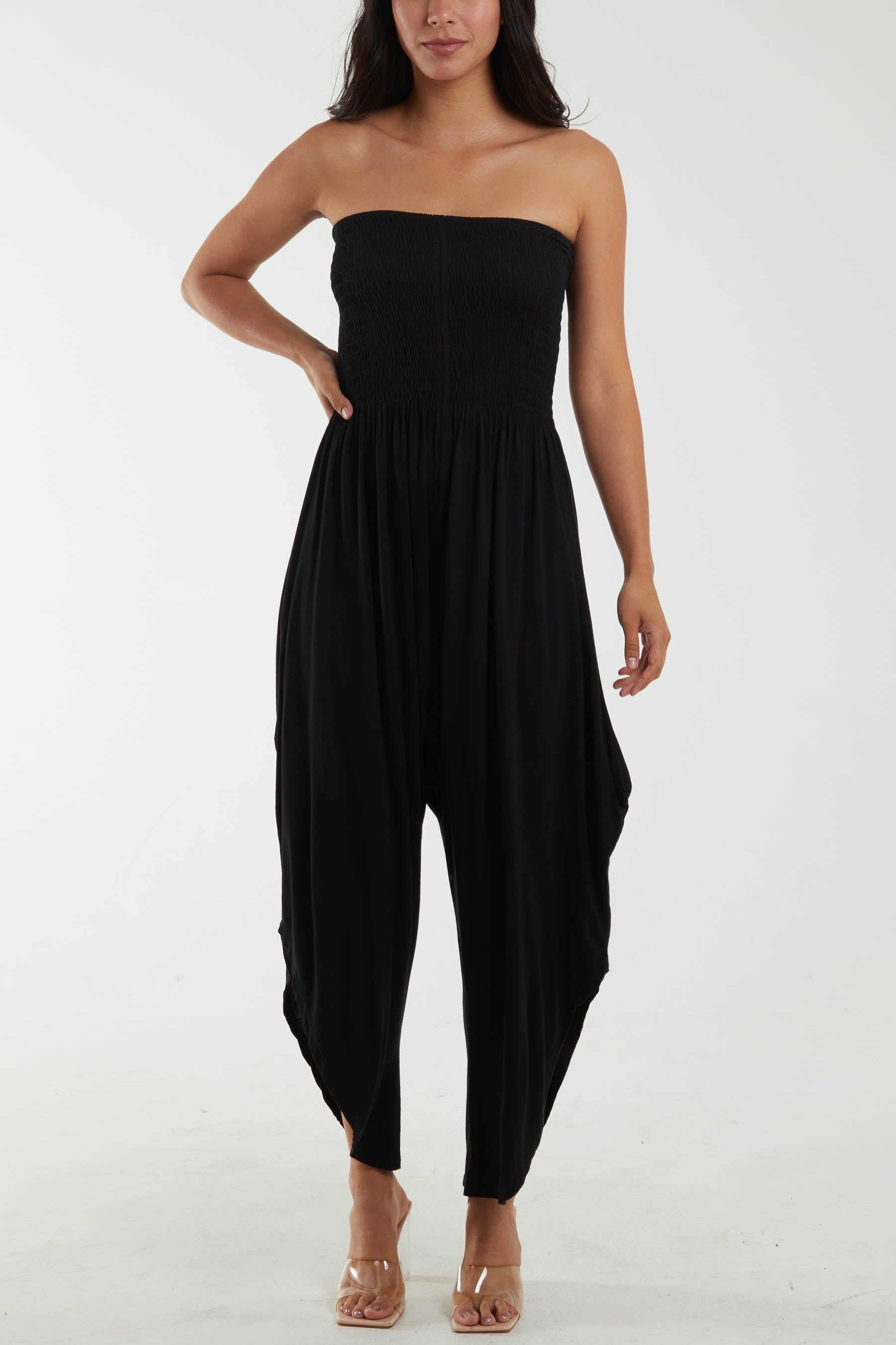 Shirred Top Asymmetric Hem Strapless Jumpsuit For Women  - Dropwear