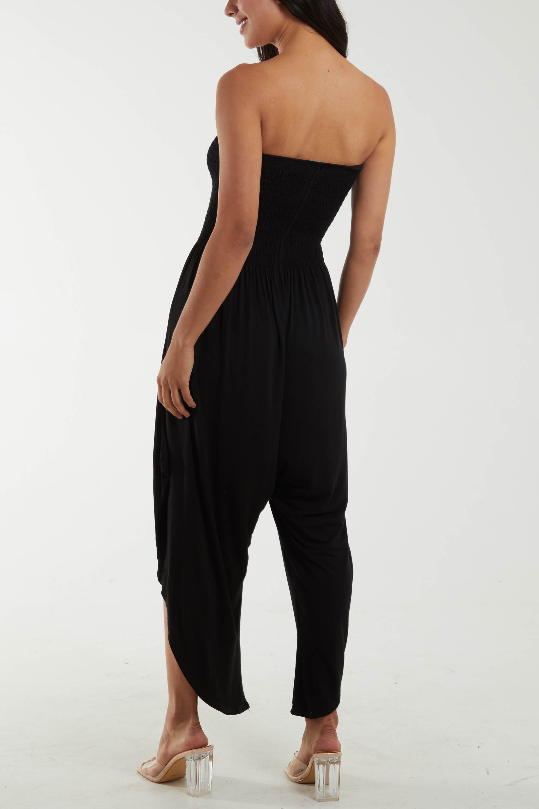 Shirred Top Asymmetric Hem Strapless Jumpsuit For Women  - Dropwear