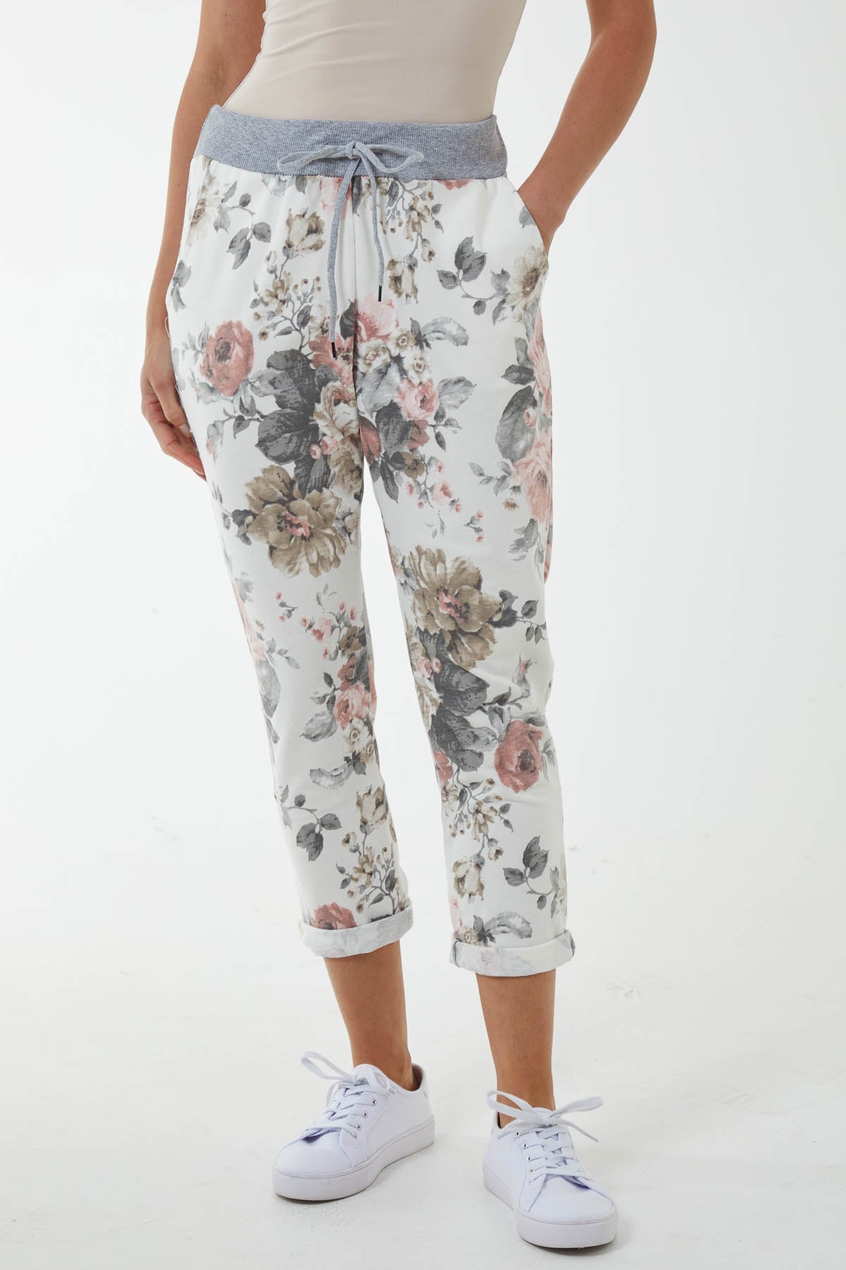 White Peony Flower Contrast Waist Trousers For Women ONE SIZE - Dropwear