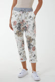 White Peony Flower Contrast Waist Trousers For Women ONE SIZE - Dropwear