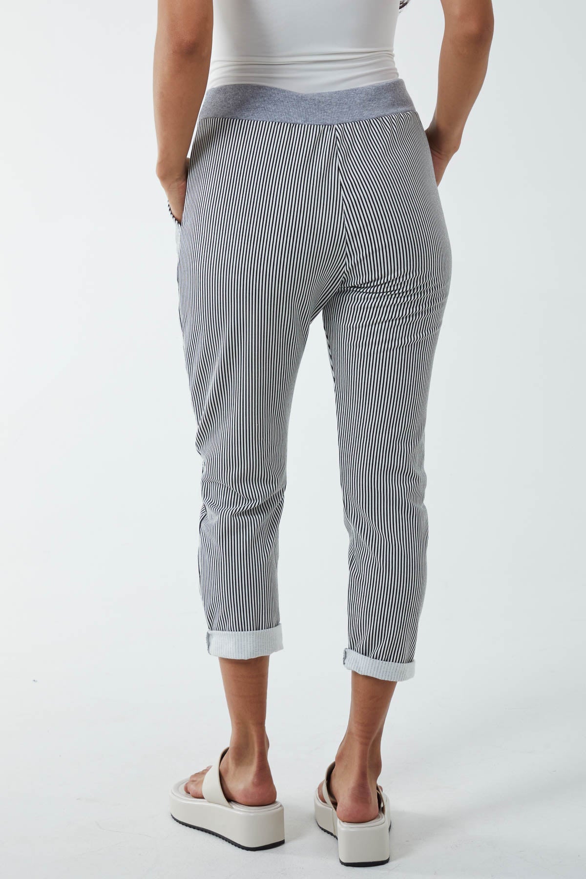 Pinstripe Contrast Waist Trousers For Women  - Dropwear