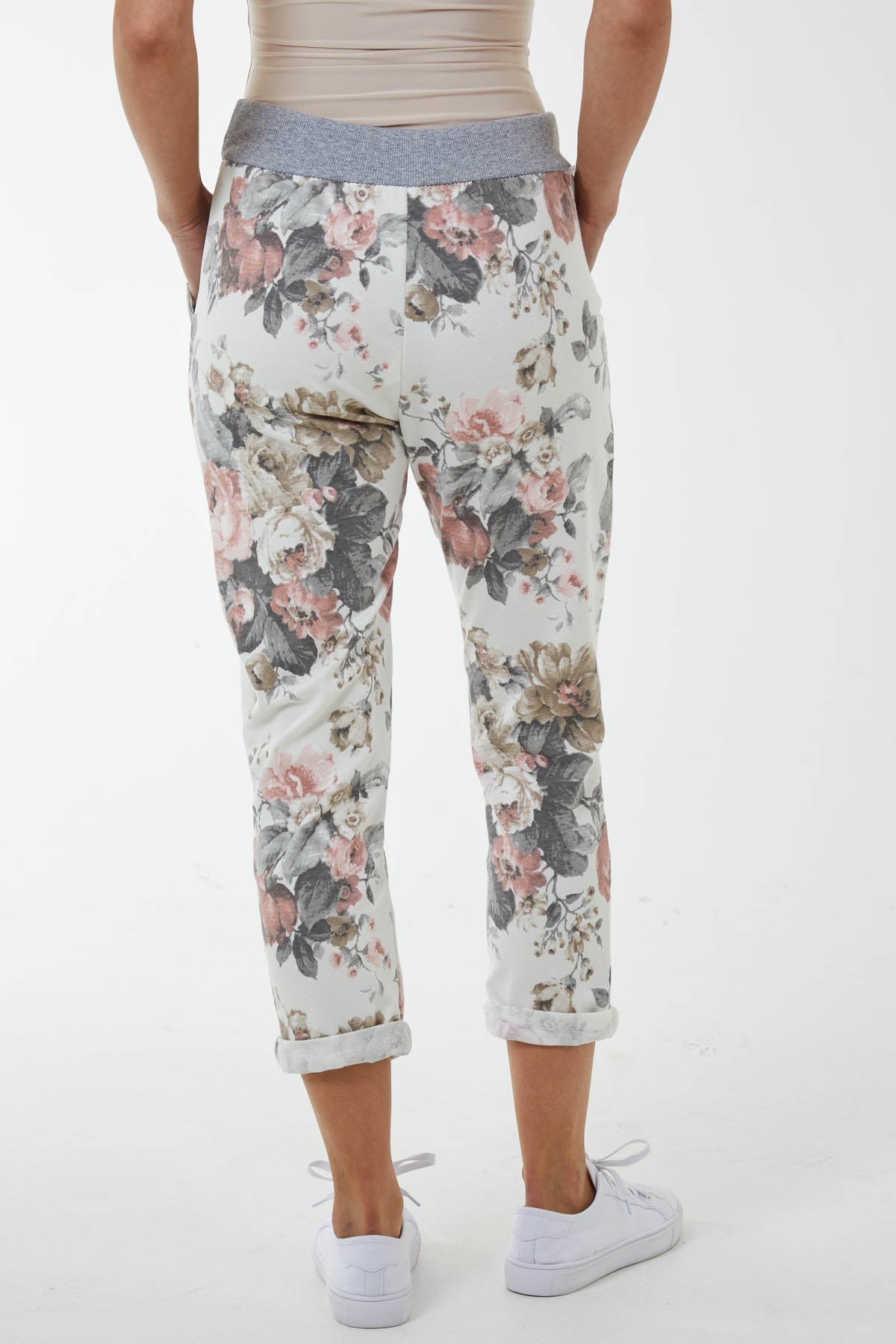 Peony Flower Contrast Waist Trousers For Women  - Dropwear