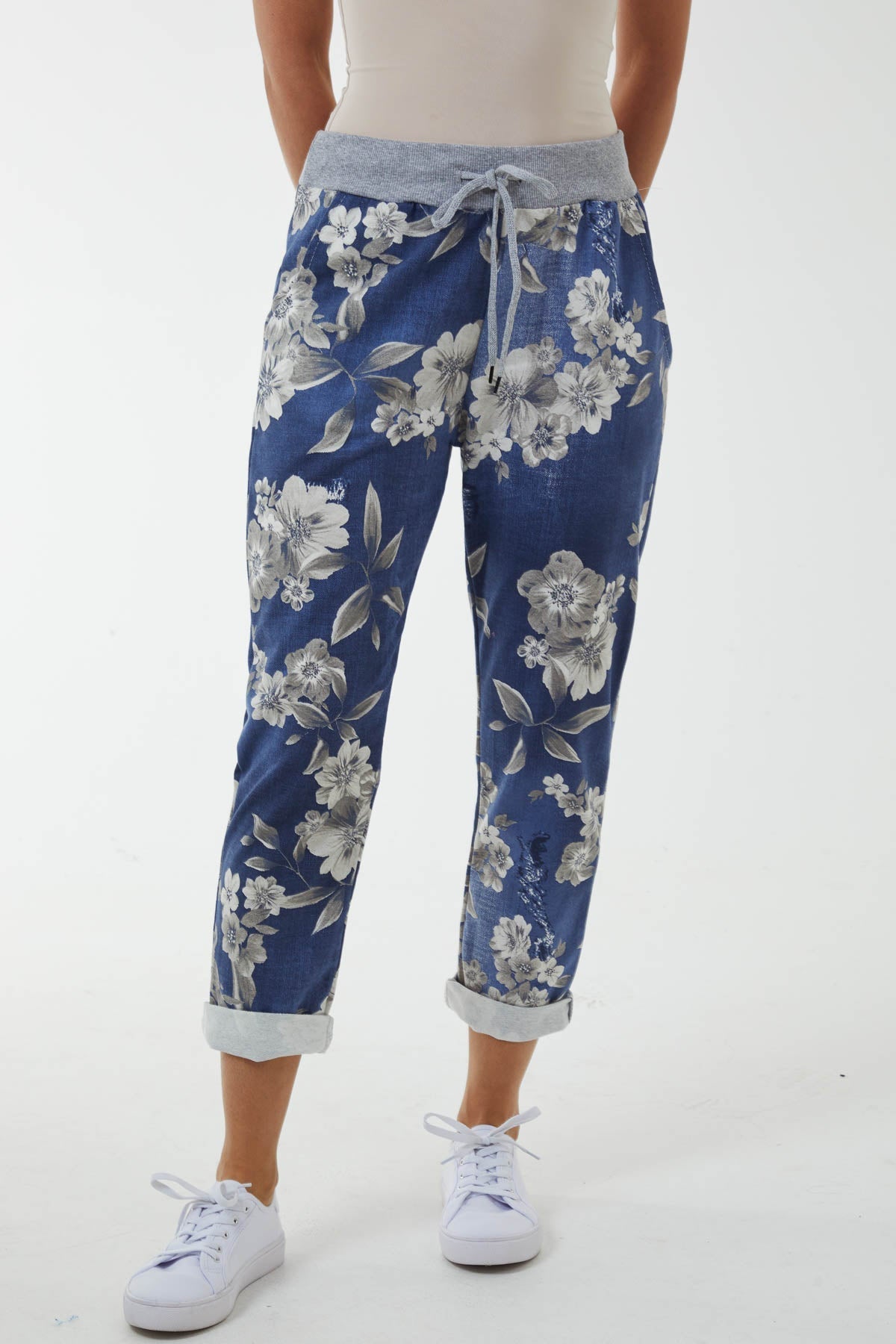 Denim Contrast Waist Floral Trousers For Women ONE SIZE - Dropwear