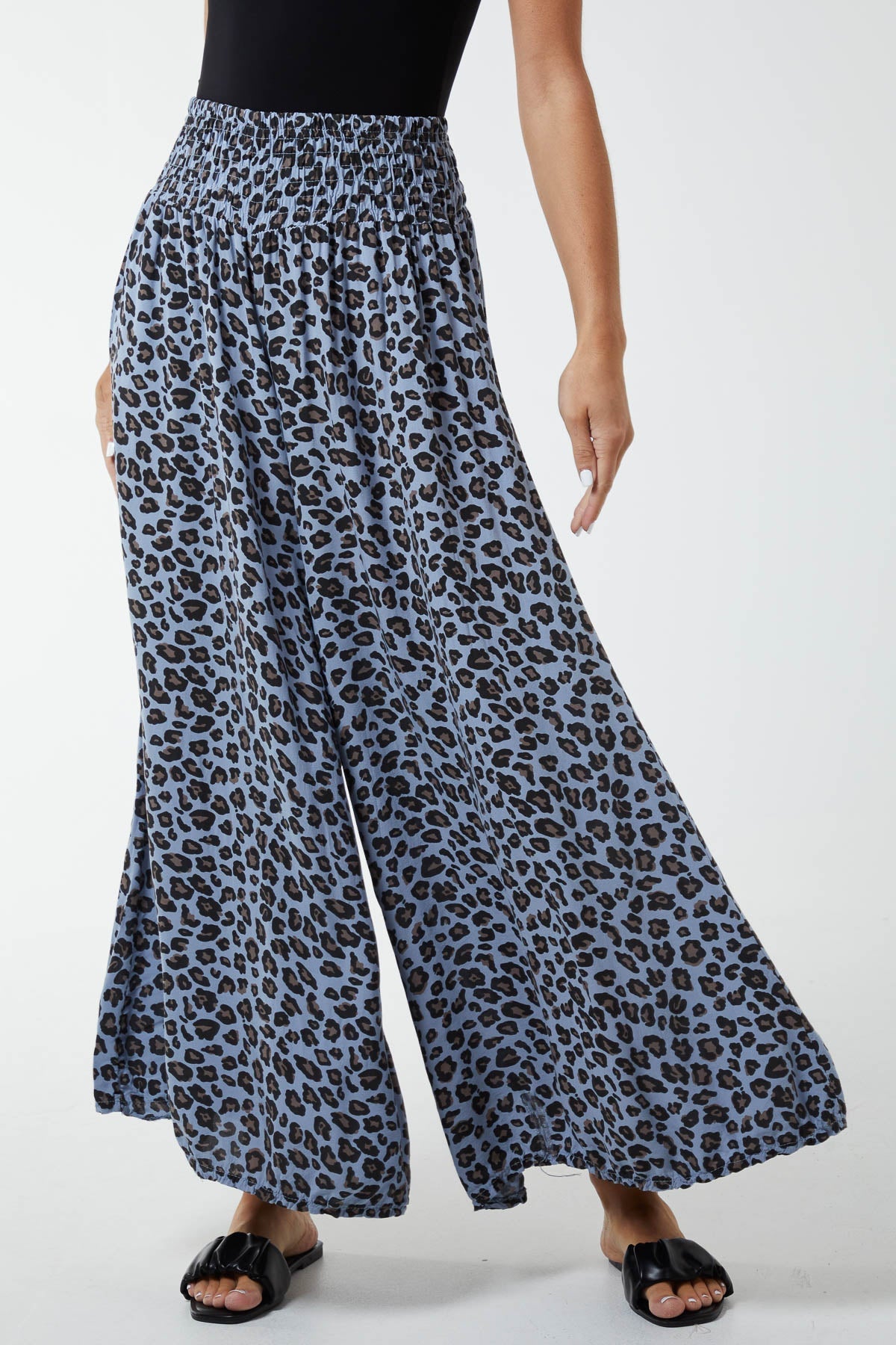Leopard Print Ruched Waist Wide Leg Trousers For Women  - Dropwear