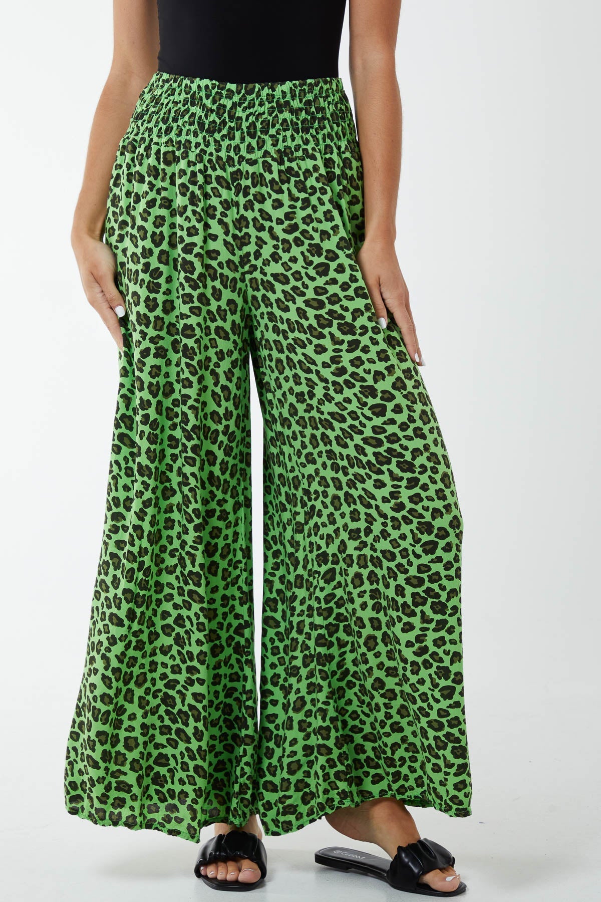 Lime Leopard Print Ruched Waist Wide Leg Trousers For Women ONE SIZE - Dropwear