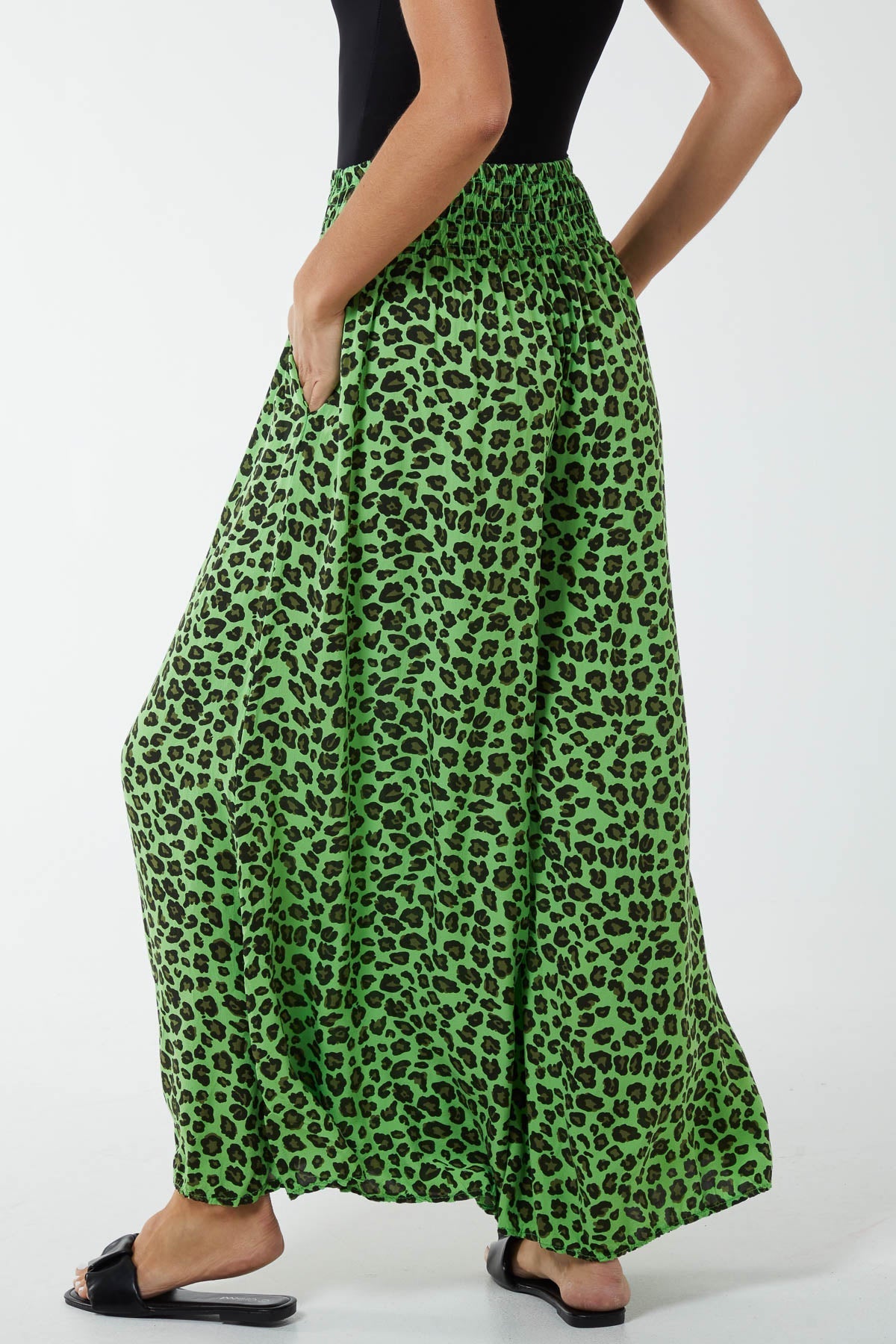 Light Blue Leopard Print Ruched Waist Wide Leg Trousers For Women ONE SIZE - Dropwear