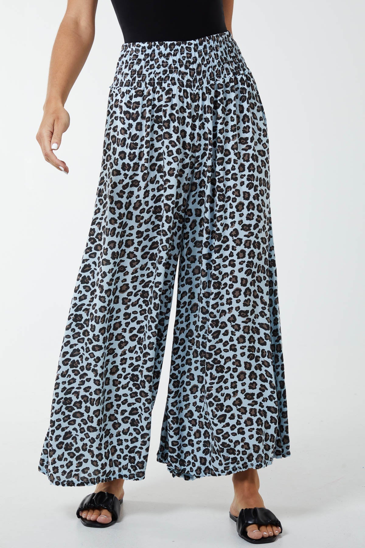 Leopard Print Ruched Waist Wide Leg Trousers For Women  - Dropwear