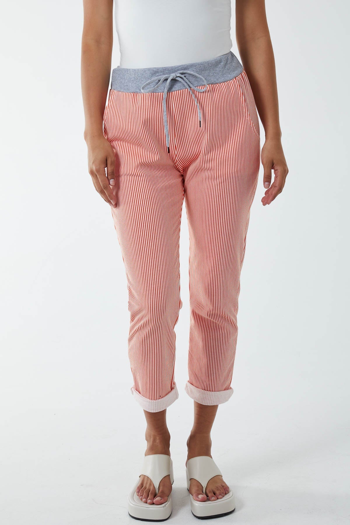 Khaki Pinstripe Contrast Waist Trousers For Women ONE SIZE - Dropwear