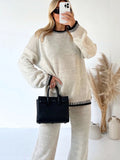 Camel Loungewear Wavy Edge Round Neck Pullover & Wide Leg Pants Co-ord For Women XL - Dropwear