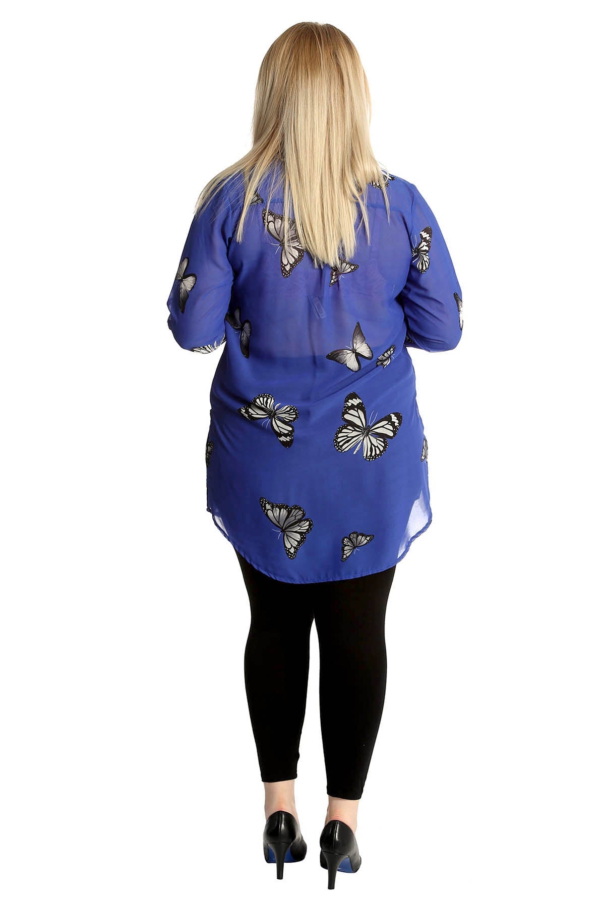 Royal Blue Butterfly Print Side Slit Curved Hem Top For Women 28 - Dropwear