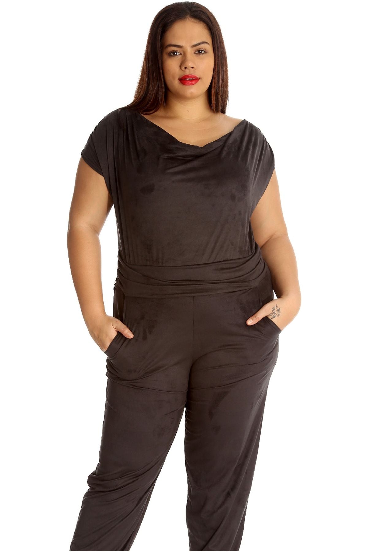 Black Plus Size Cowl Neck Pocket Belted Jumpsuits For Women 22-24 - Dropwear